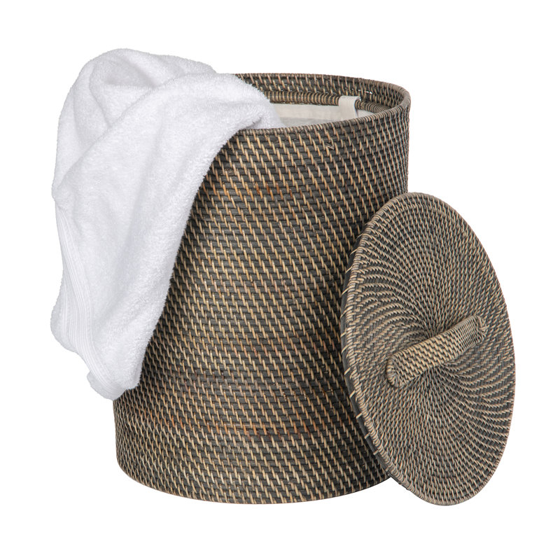 Round Rattan Hamper with Liner, Apartment Size, Black-Wash
