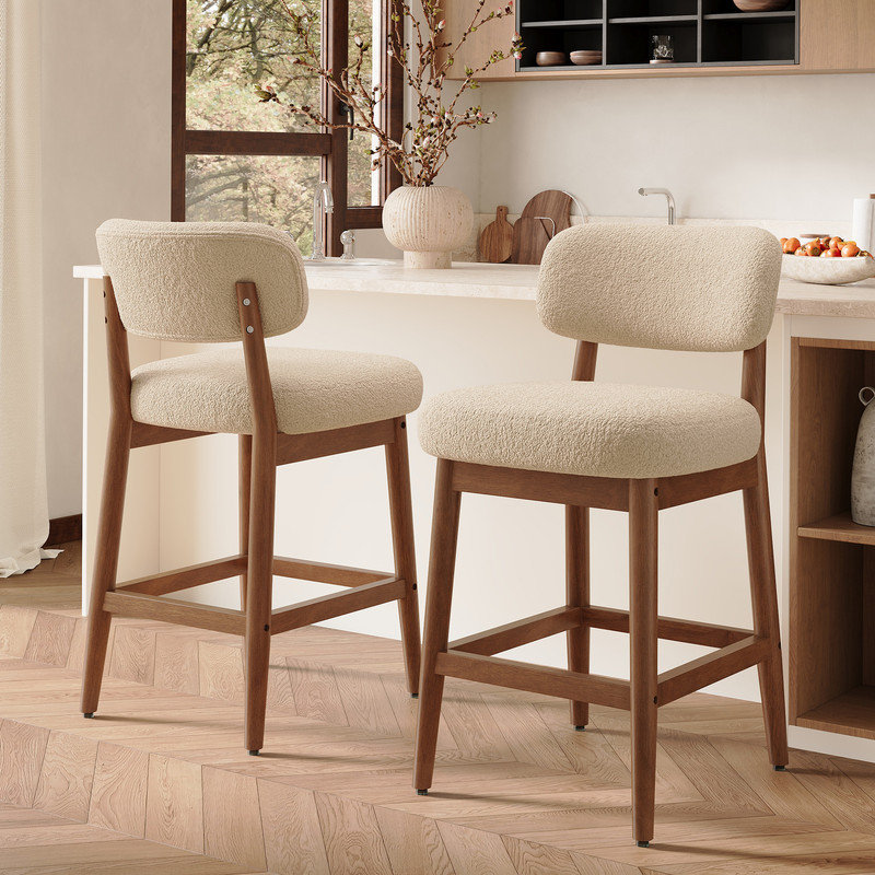 Tabourets de bar rembourrés à hauteur de comptoir avec pieds en bois massif Boucle, Green, set of 4