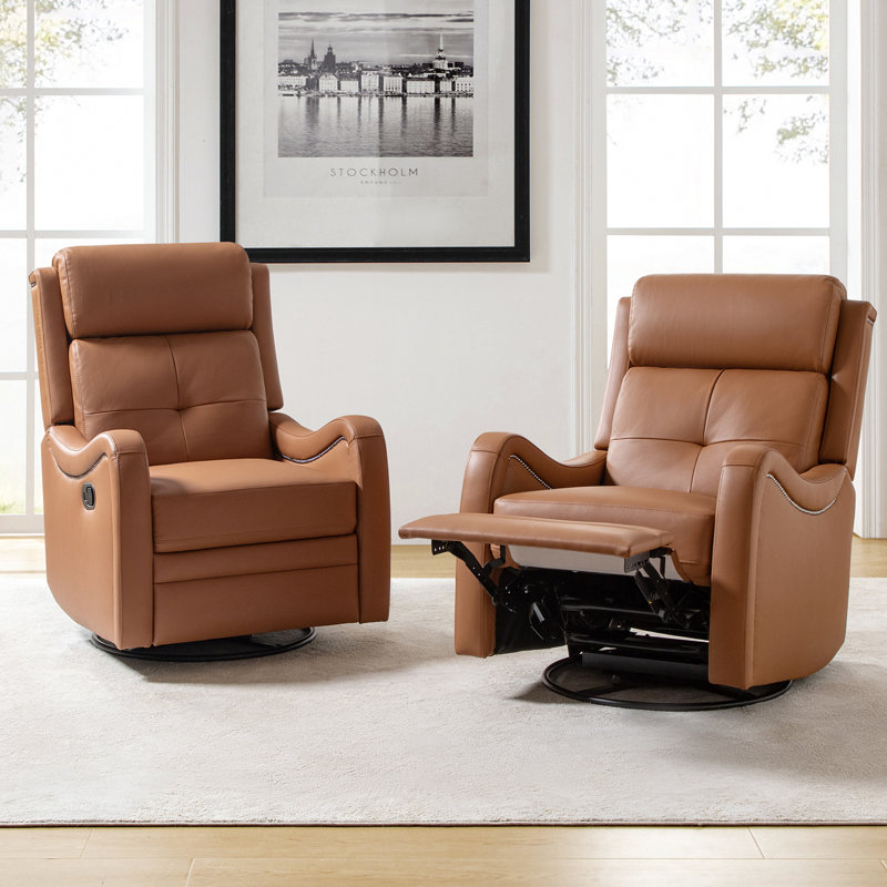 Amaty 28.3" Wide Genuine Leather Swivel Rocker Manual Standard Recliner Set of 2, Camel