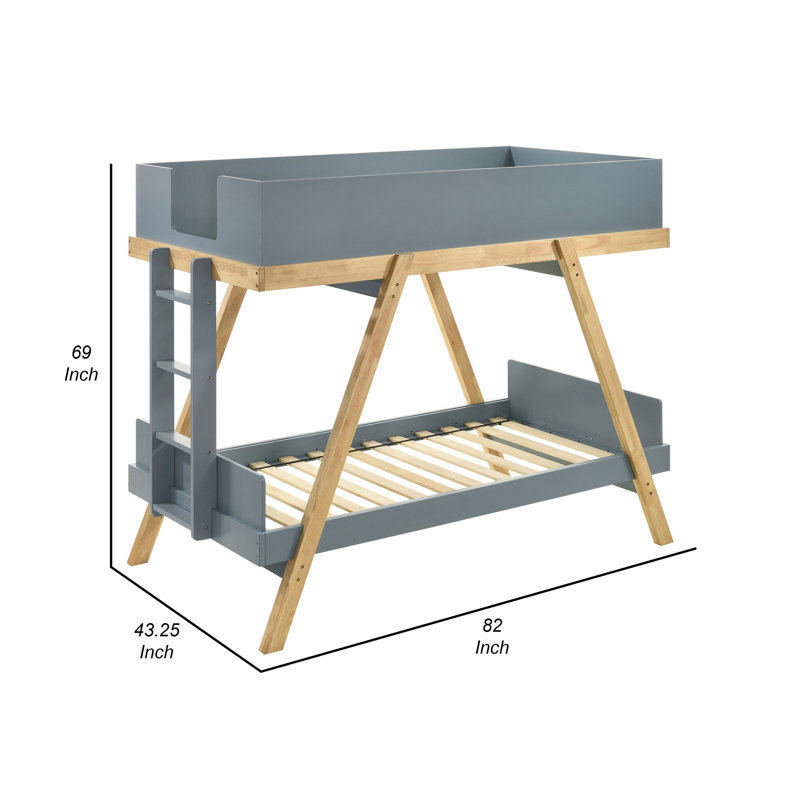 Anky Twin Size Bunk Bed, Wood Frame, 3 Side Panel Security, Gray/Brown