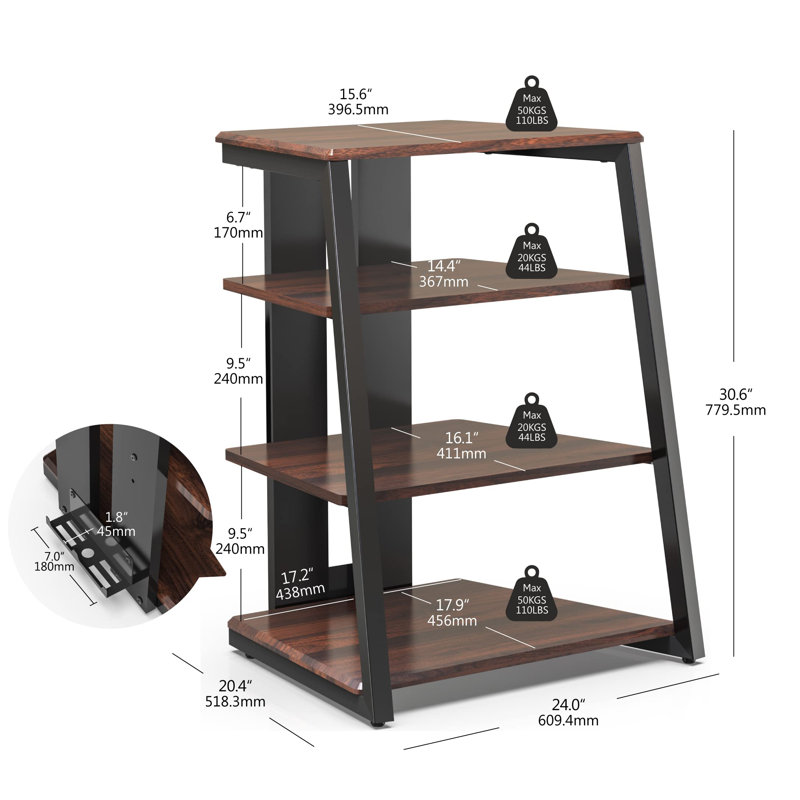 4-Tier AV Media Stand Corner Shelf For Record Player Wooden Stereo Cabinet Audio Rack Tower With Height Adjustable Wooden Shelves(Walnut)