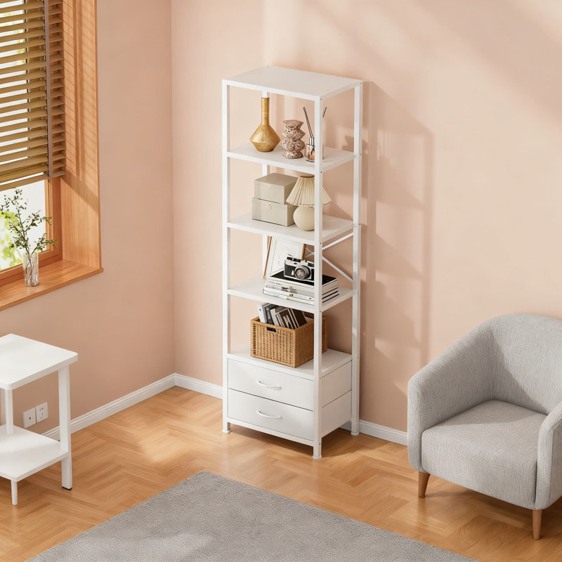 5-Tier Corner Bookshelf With 2 Fabric Drawers, Tall Narrow Storage Shelf Organizer For Living Room, Bedroom, Office, Metal Frame And Wood Display Shelves