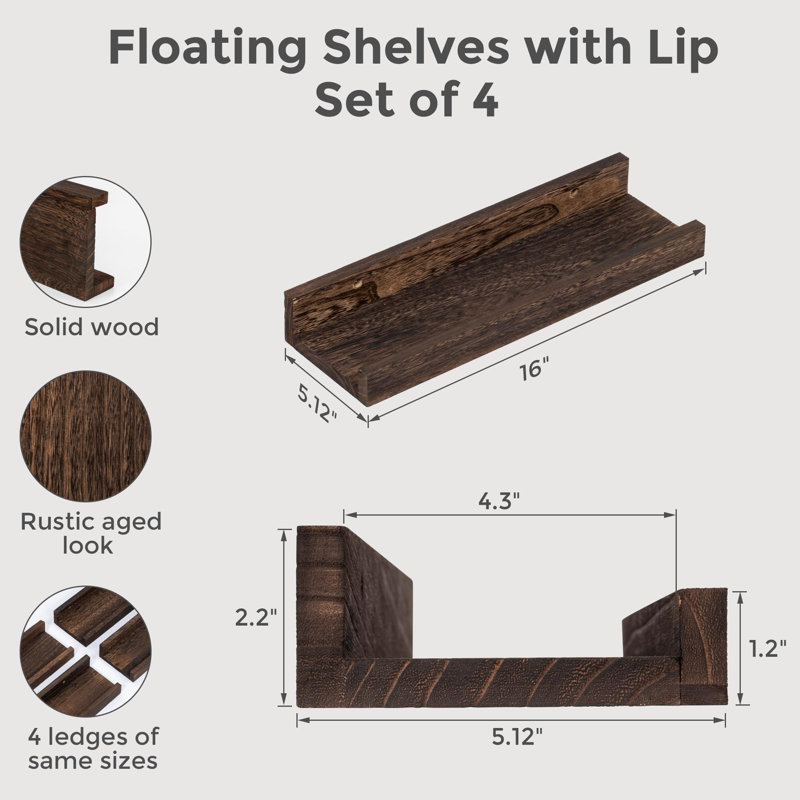 Tablettes murales en bois massif 4 pièces pour rangement mural et étagères en bois rustique, H 2 po x l 16 po x P 5 po