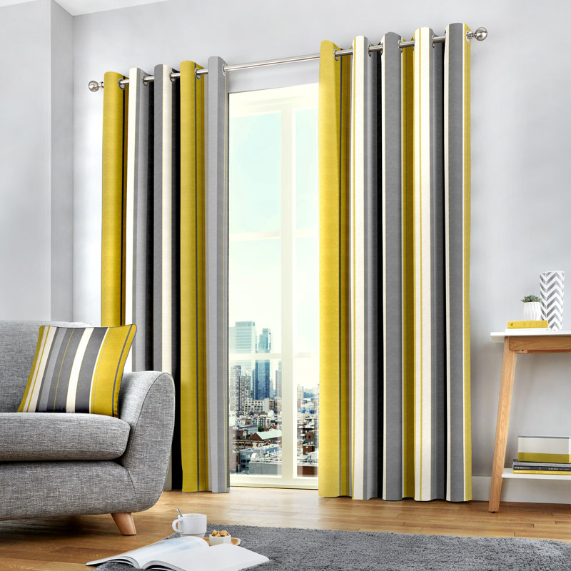 Whitworth Stripe Cotton Sheer Curtain Pair, Width 168 x Drop 183 cm, Ochre