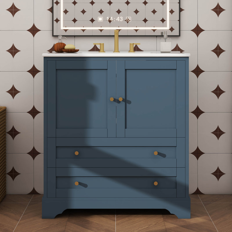 Meuble-lavabo 30 po avec lavabo en céramique, armoire de rangement autoportante moderne avec poignées, portes à fermeture douce