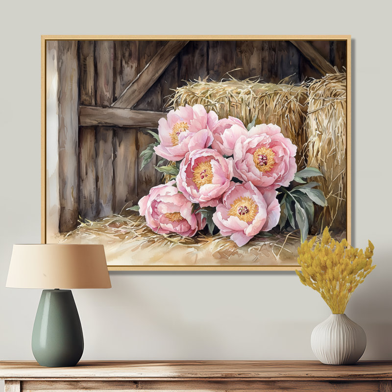 Dortha Farm, pivoines dans le Hayloft I - pivoines, art mural, H 30 po x l 40 po, Impression encadrée flottante, Crème, crème