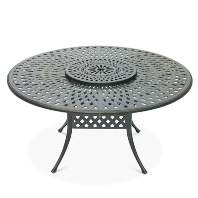  Table de salle à manger d'extérieur 60,98 "pour 6 à 8 personnes, table de salle à manger ronde avec plateau tournant 23,98" en fonte d'aluminium rustique avec trou pour parasol pour balcon, porche et terrasse, bronze antique