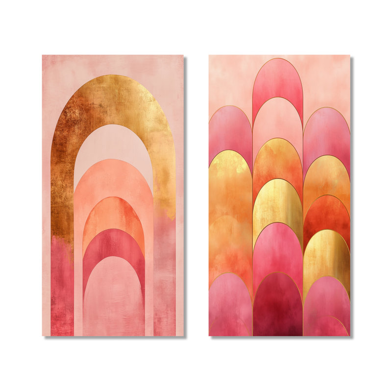 «Contemporary Flow - Pink & Gold Arcs II», ensemble de 2 reproductions d'art murales abstraites en métal, 32" H x 32" W