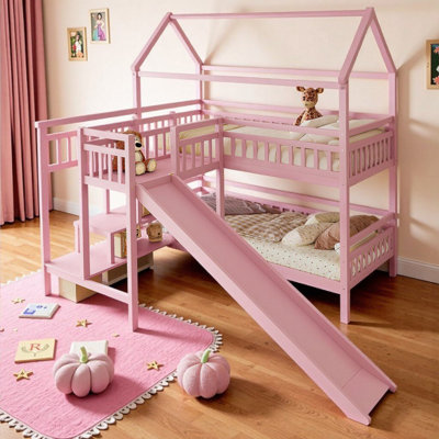 House-Shaped Kids Bunk Bed with Slide, Convertible Storage Stairs & Dual Layout Options - Fun Twin Playhouse Bed