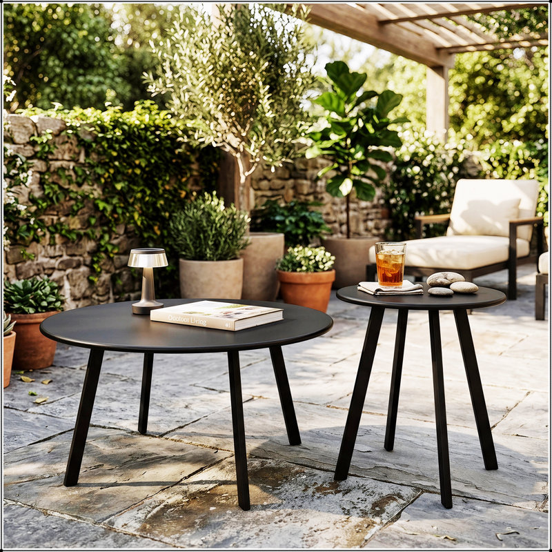 Ensemble de 2 tables basses gigognes rondes, conception moderne en métal pour une utilisation peu encombrante et polyvalente dans le salon, la chambre à coucher, le balcon, le patio et les espaces extérieurs