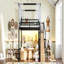 Lit mezzanine avec escalier de rangement et garde-robe, lit mezzanine en métal avec structure de baldaquin et éclairage DEL, grand espace de rangement sous le lit.