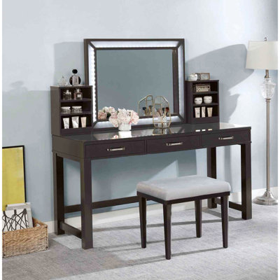 1 tabouret de coiffeuse élégant, verre trempé de 8 mm, miroir de 3 mm, 3 tiroirs, tabouret rembourré, mélange gris pour le style de la chambre à coucher,
