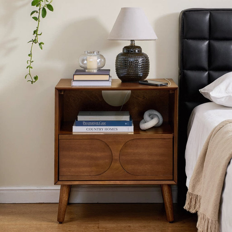 Mid-Century Modern Fluted Nightstand with Charging Station – 2-Outlet & 2-USB Bedside Table with Drawer & Open Shelf, Solid Wood Legs, Walnut Finish