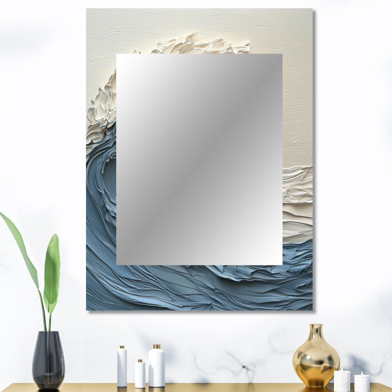 Blanc et bleu Papercut style vague IV - miroir décoratif de vagues, miroir mural blanc, impression d'art en métal