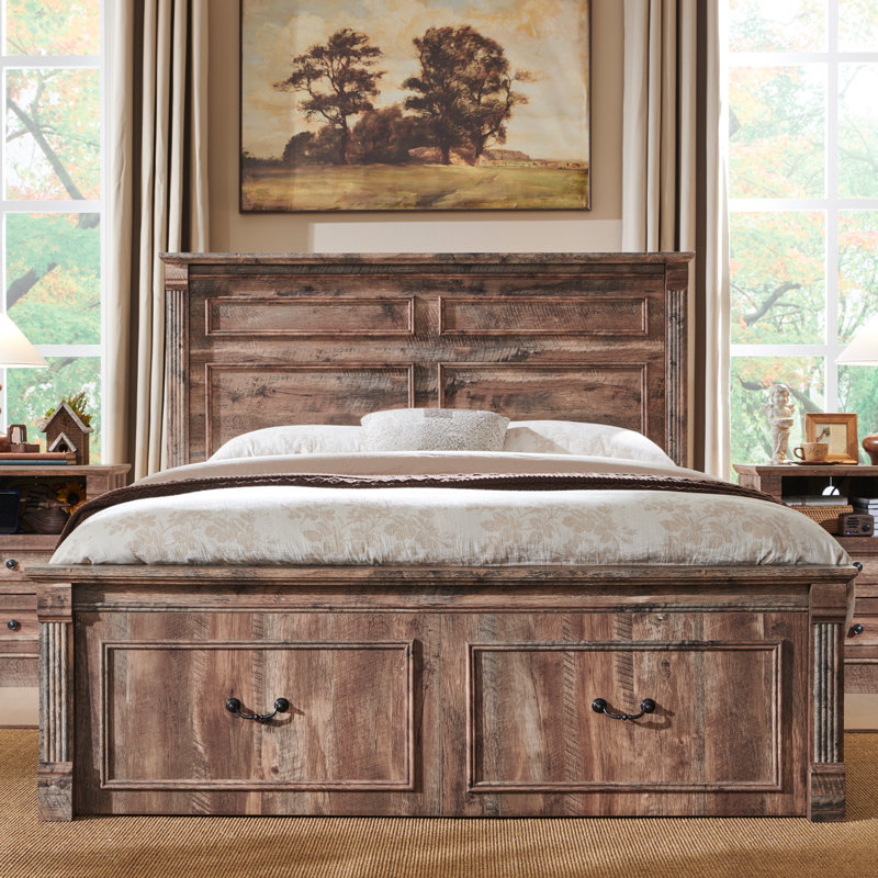 Base de lit pour grand lit Burlington Farmhouse avec tête de lit de 51 po de hauteur, base de lit plateforme en bois avec pied de lit colonne romaine de 20 po de hauteur et 2 grands tiroirs de rangement, aucun sommier nécessaire
