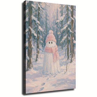 Fantôme portant une tuque et une écharpe roses en tricot dans une forêt hivernale enneigée - Peinture à l'huile douce sur toile, idéale pour la décoration des fêtes