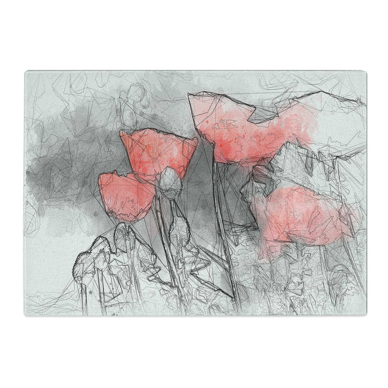 Tempered Glass Red Poppy Field Chopping Board, 20 cm x 28.5 cm