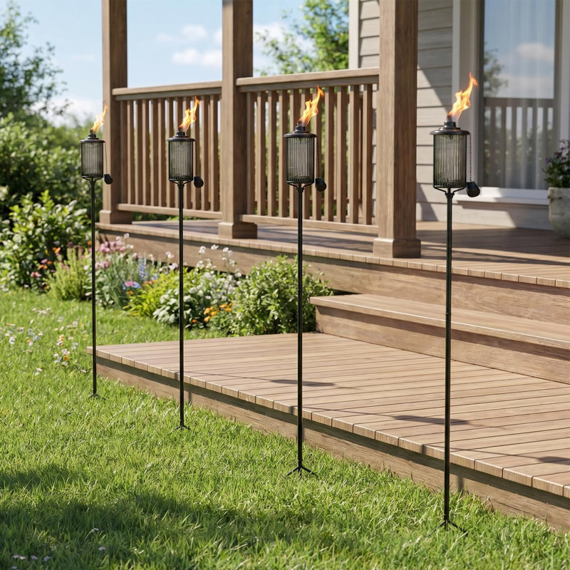 Lot de 4 torches en verre à la citronnelle, 473 ml (16 oz), torches de jardin d'extérieur avec piquet à 3 branches., Noir