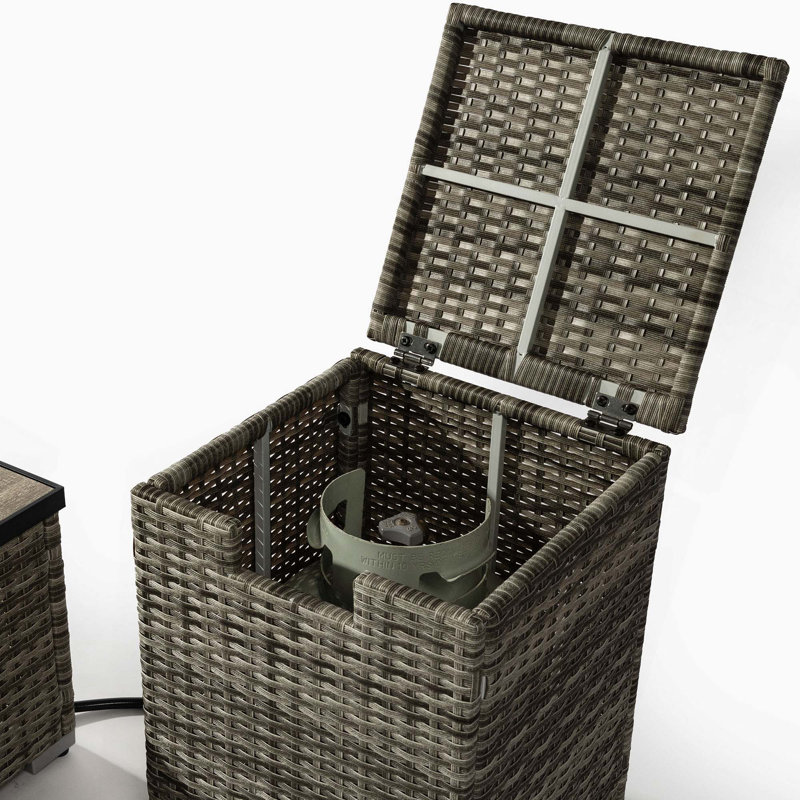 Table de foyer en rotin avec support de réservoir et plateau en céramique
