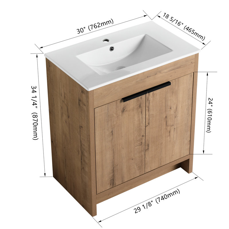 Armoire de salle de bain 30 po avec lavabo en céramique. Autoportante. 2 portes à fermeture en douceur. Contreplaqué. Surface de meuble-lavabo moderne à surface lisse.