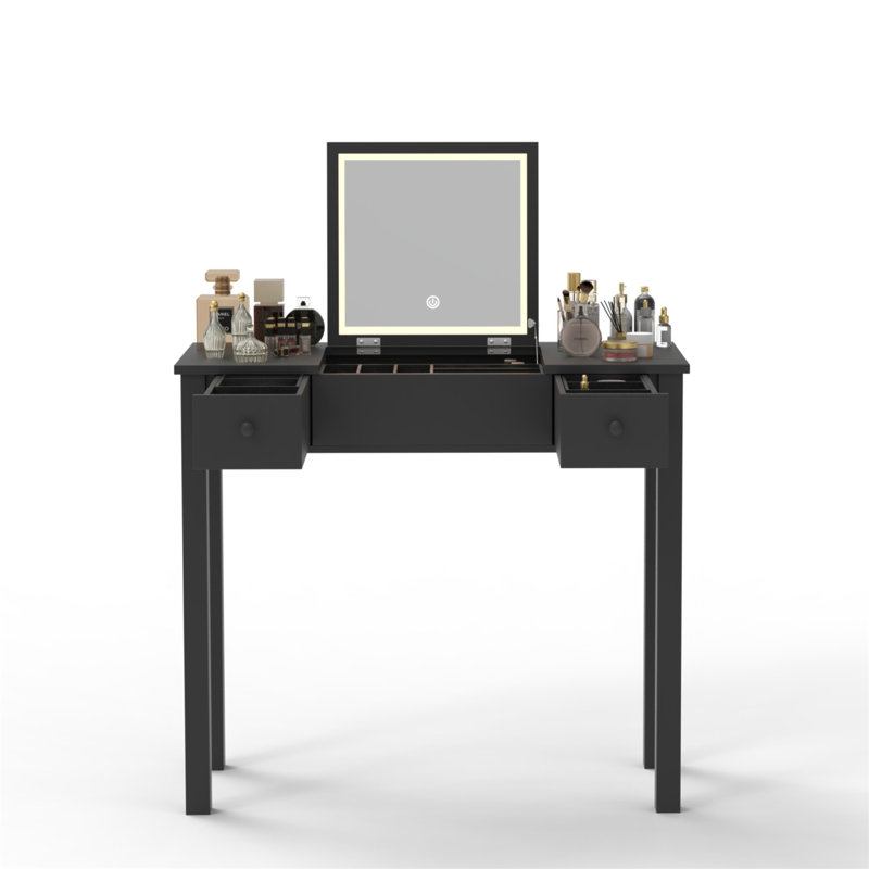 Elegant Black Vanity Table With LED Lights, Flip-Top Mirror And 2 Drawers, Jewelry Storage For Women Dressing, Black