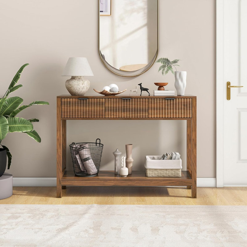 Wooden Fluted Console Table Sofa Table Brown, Brown