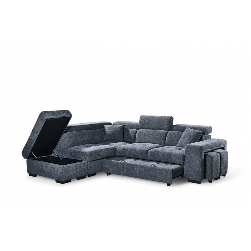 Corner Sofabed with Storage and Ottomans, Blue Chenille, Left Hand Facing