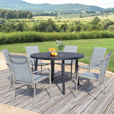 7-Piece Outdoor Dining Set, Round Metal Table With 6 Chairs, Patio Table With Umbrella Hole For Garden, Yard, Patio by Latitude Run