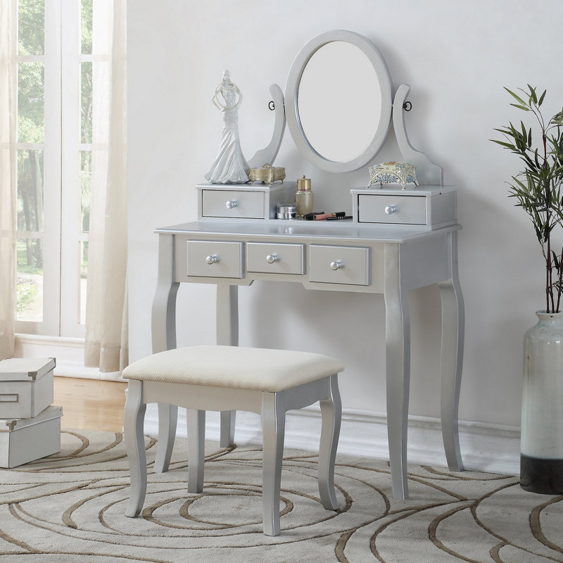 Ensemble coiffeuse et tabouret de maquillage Ashley, Argent