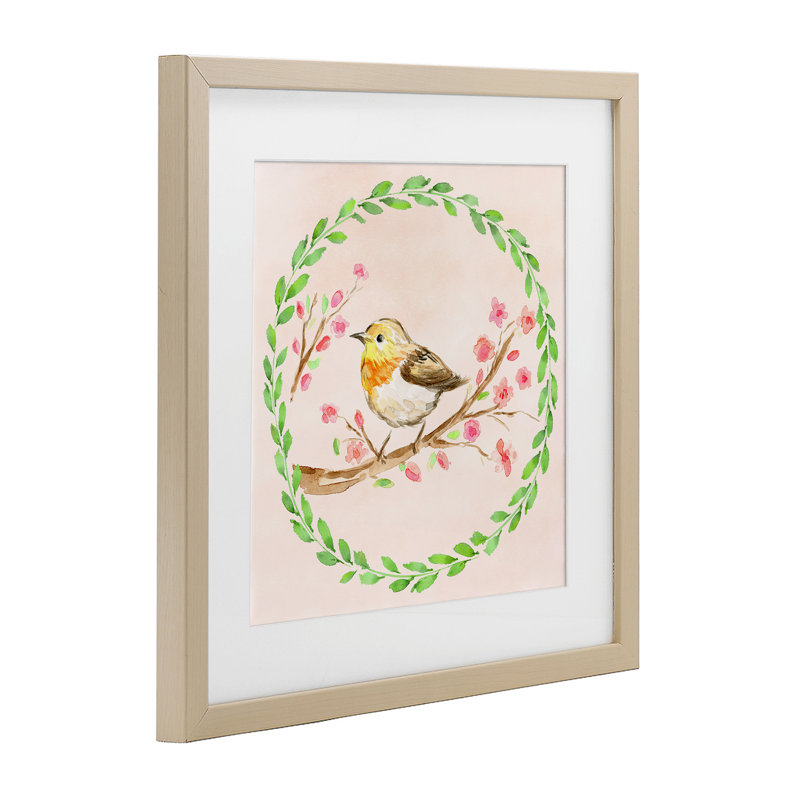 «Spring Wreaths Bird», reproduction sous verre encadrée, design par Elena Fay, Cadre de récolte en pin, H 13 po x l 13 po