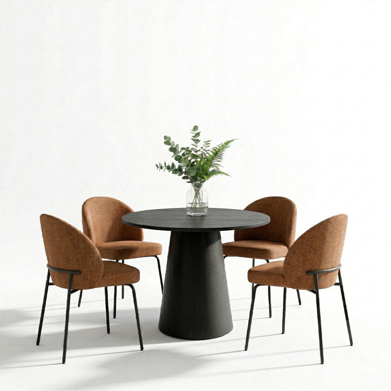 5-Piece Round Dining Table Set For 4 With Black Pedestal Table And 4 Upholstered Chairs, Terra
