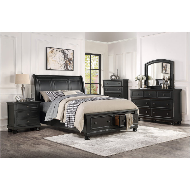Mihaiela Sleigh Bedroom Set, Black, 3 Pieces: Bed, 2 Nightstands, Queen