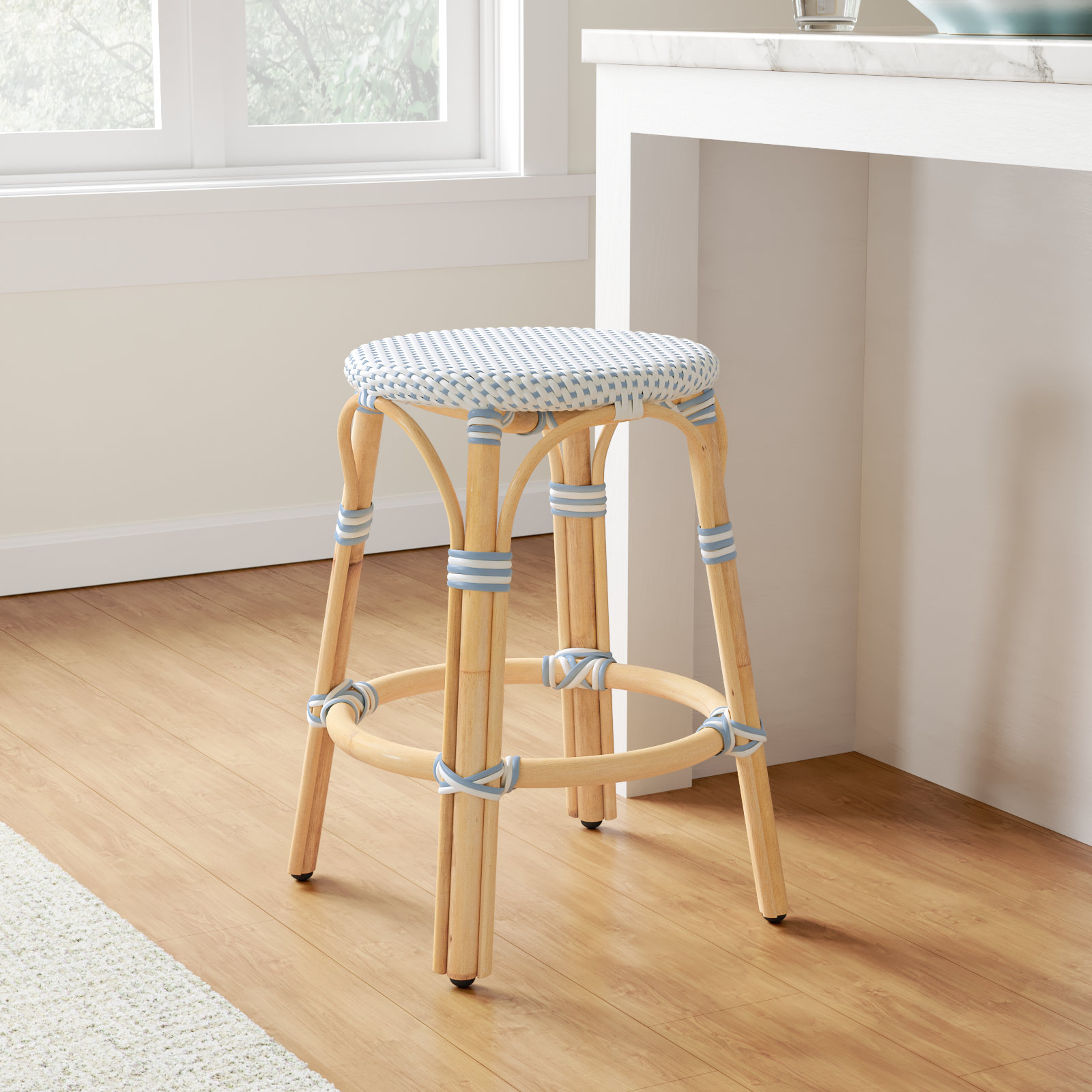 Alastair Bar Stool, Counter Stool (24" Seat Height), White/Sky Blue Dot/Natural Rattan Frame