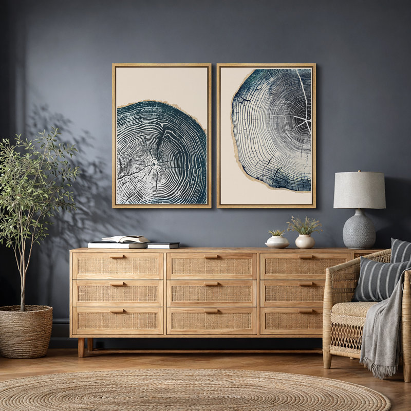 Tree Ring "Navy Blue Wood Stump Artwork, Simple Modern Rustic Wall Pictures, Framed Canvas Giclee Print 2 Pieces Wall Art Set" 16x24x2 pcs, 24x36x2 pcs