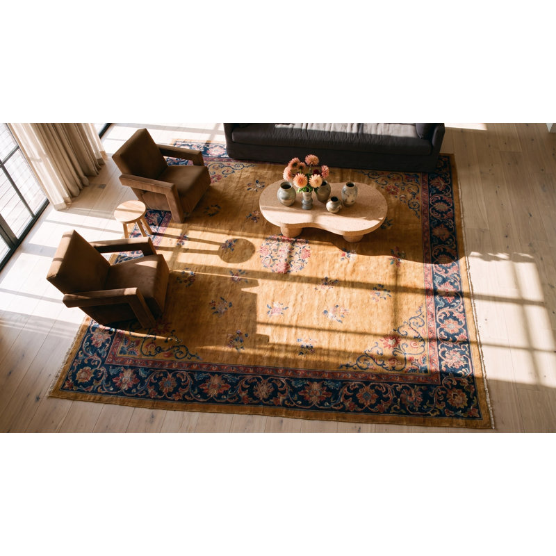 Antique Yellow Gold Color Floral Room Size Chinese Art Deco Carpet