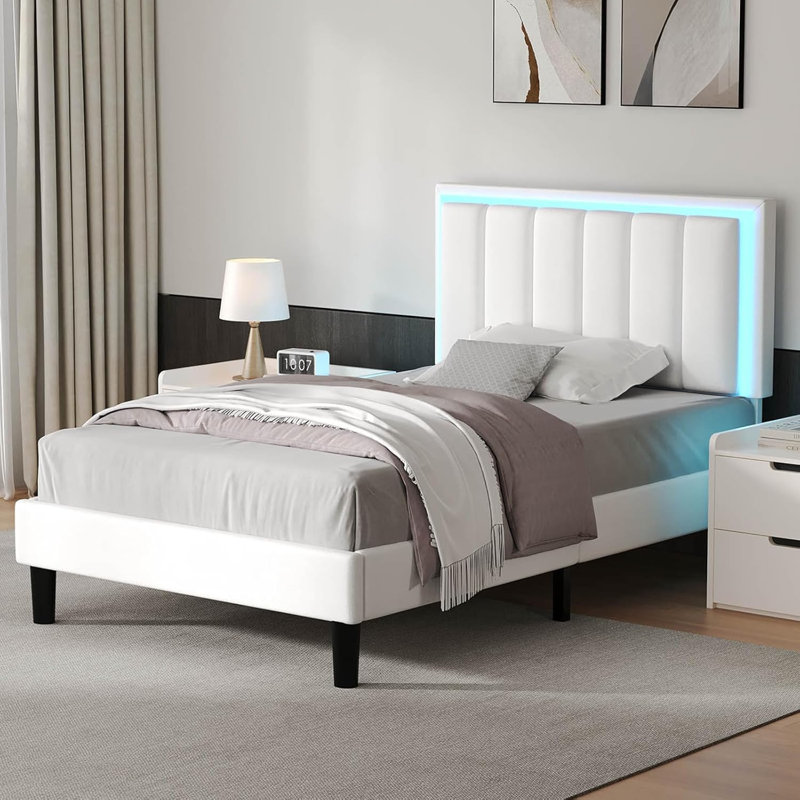 Ensemble de lit plateforme intelligent en cuir avec table de chevet moderne flottante 2 pièces Smart Suite, Blanc, Lit simple