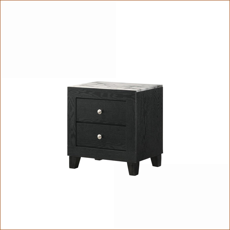 Table de chevet moderne à 2 tiroirs avec plateau en faux marbre - finition noire