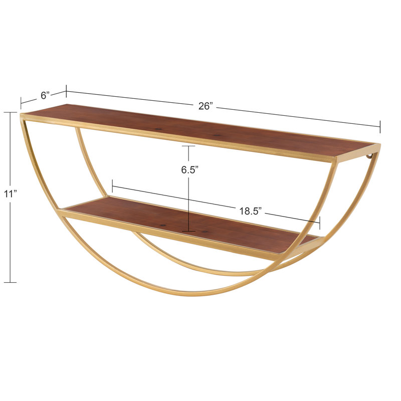 Walnut Brown and Gold Half-Moon Floating Wall Shelf