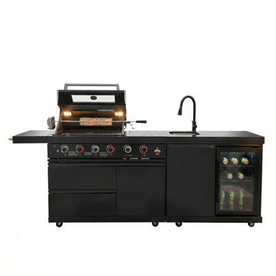 Barbecue de 84 pouces pour îlot de cuisine en acier inoxydable de 84 pouces, 6 brûleurs, 75 300 BTU, avec évier, refroidisseur à vin, réfrigérateur, comptoirs en granit et ensemble de rôtisserie