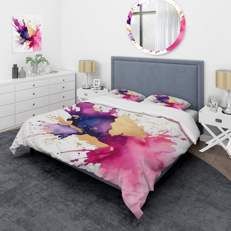 Ensemble de housse de couette mauve et rose, Housse de couette pour grand lit et 2 taies décor