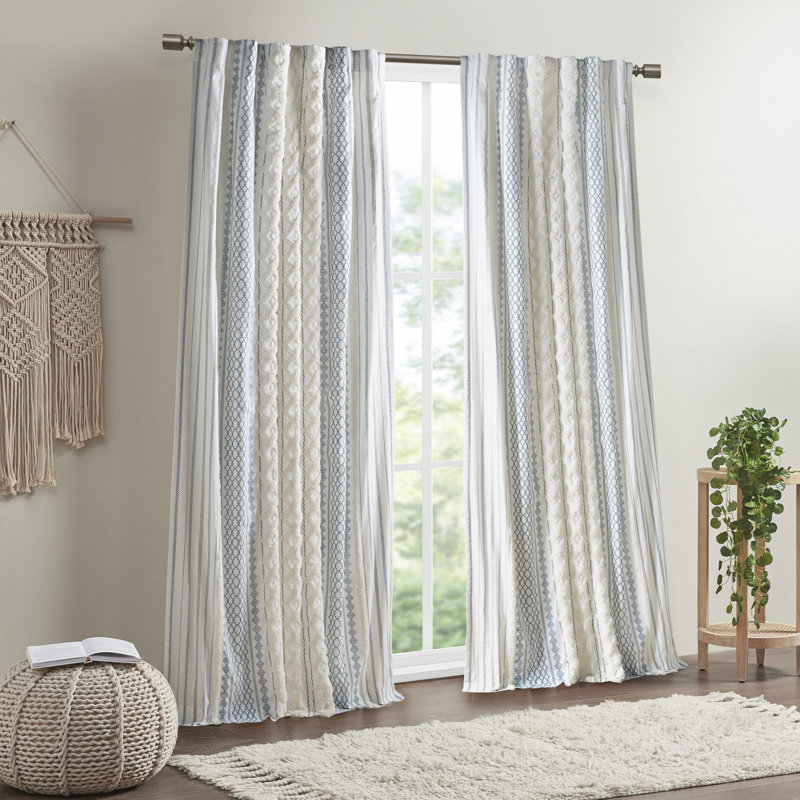 Ivory and Navy Cotton Chenille Stripe Light-Filtering Curtain Panel