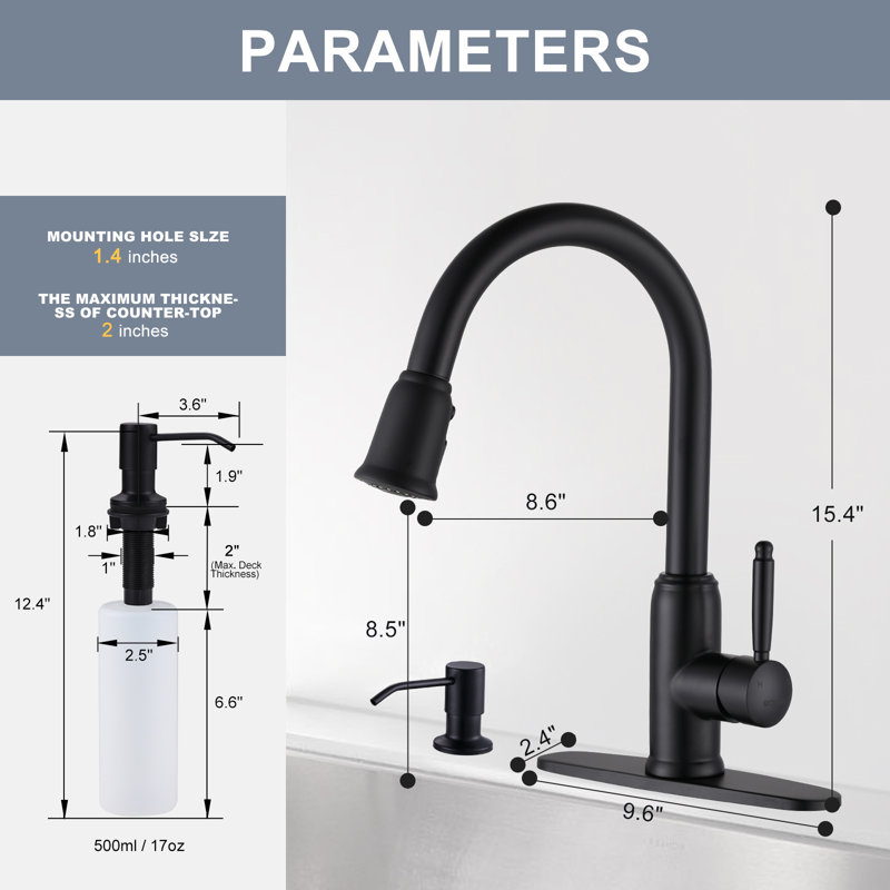 WOWOW Pull Down Kitchen Faucet with Soap Dispenser, Matte Black