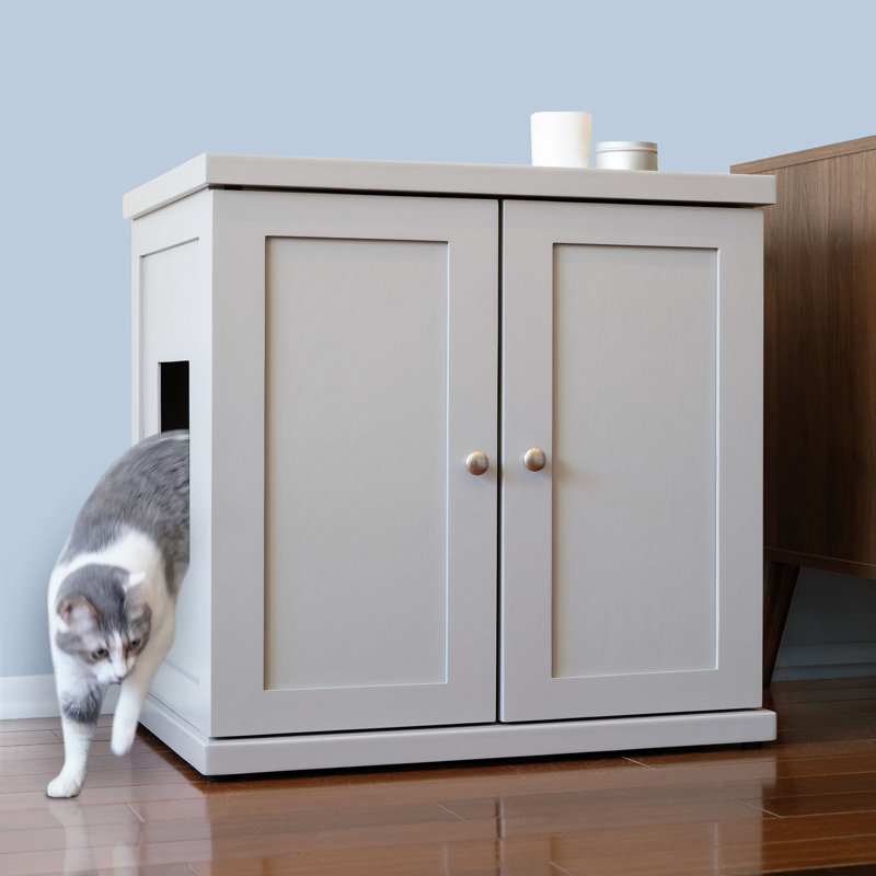 The Refined Litter Box - Wood Cat Litter Box Enclosure Cabinet with Drawer, Modern Style, Large, Smoke