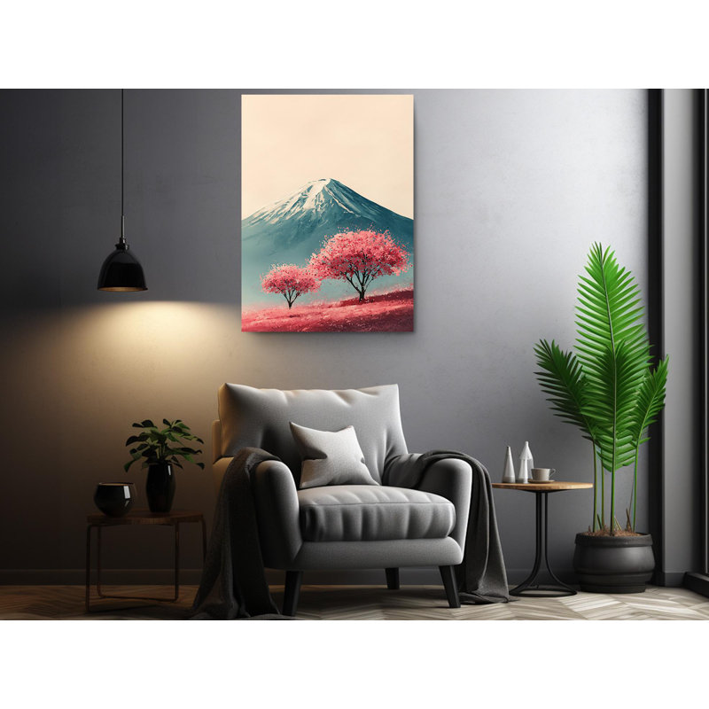 Mont Fuji, impression de fleur de cerisier sur toile - peinture japonaise, paysage de Sakura rose, décor minimaliste pour le salon
