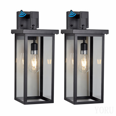 20"(H) Set Of 2 Modern Outdoor Wall Lanterns With Black Metal Frame And Clear Glass, Ambient Light Sensors,Weatherproof Wall Sconces For Porch, Garage, Or Entryway Lighting, E26 Bulb Compatible