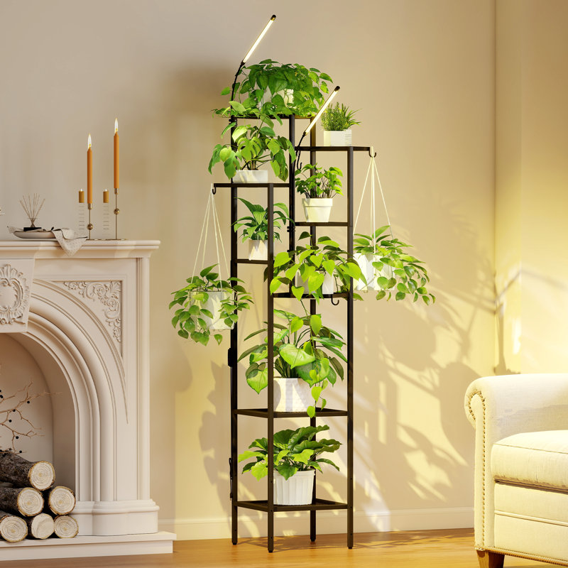 Support pour plante d'intérieur avec lumière de croissance, étagère à plante en métal à 8 niveaux avec crochet pour panier suspendu, support de fleurs haut pour plusieurs plantes