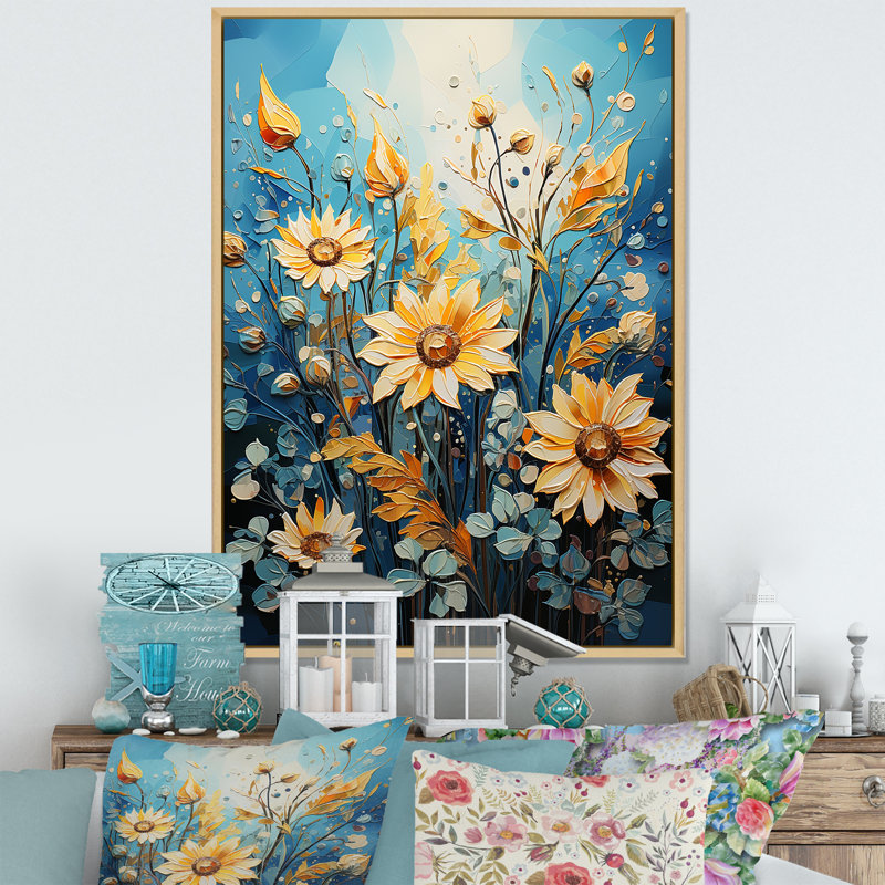 «Expressionist Energy Sunflowers I» sur toile, Cadre naturel flottant, H 40 po x l 30 po x P 1,5 po