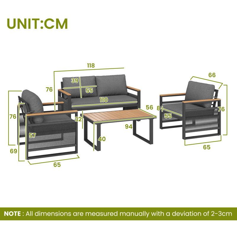 Outdoor Conversation Set 4 Places With 1 Sofa, 2 Chairs And 1 Coffee Table Grey