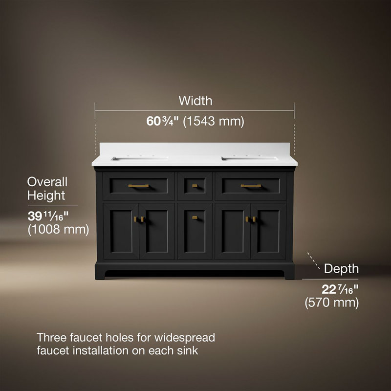 Charlemont 60 In. Bathroom Vanity Cabinet With Sinks And Quartz Top, Dark Warm Grey