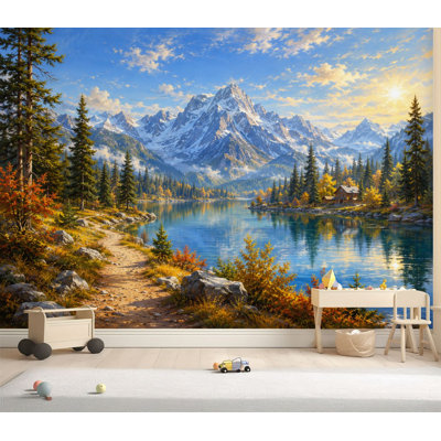 Papier peint adhésif autocollant Majestic Mountain Landscape Crystal Lake Pine Trees Auto-adhésif amovible Papier contact mural Décoration pour le salon Chambre à coucher H 69 po x l 96 po